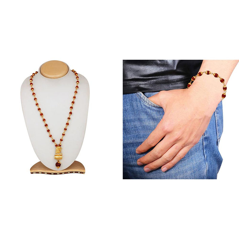 Mahi Combo of Bracelet and Chhatrapati Shivaji Maharaj Shiva Damru Pendant with 24 Inch Rudraksha Mala for Men (CO1105137G)