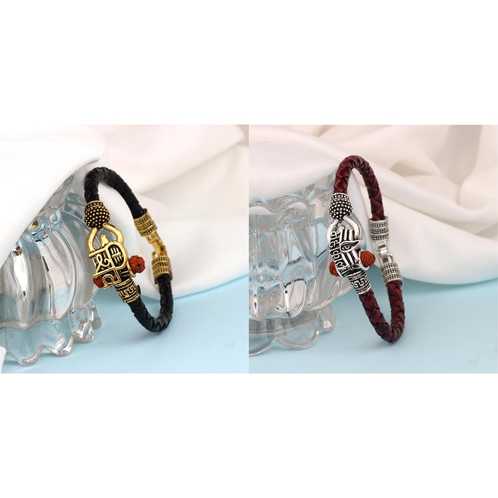 Mahi Combo of Shiv Trishul Damru and Mahakal Leather Bracelet with Rudraksha for Men (CO1105140M)