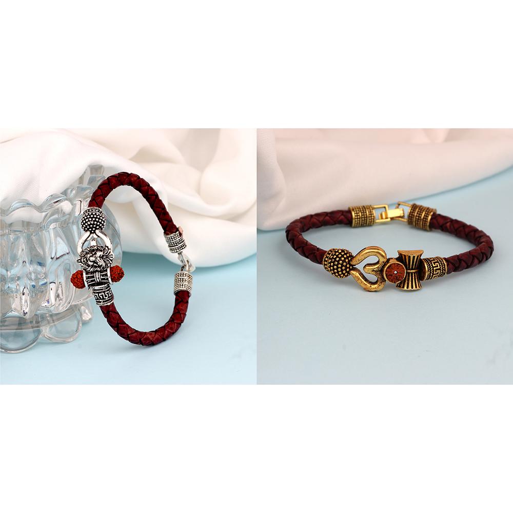 Mahi Combo of OM Trishul and Narasimha Leather Bracelet with Rudraksha for Men (CO1105141M)