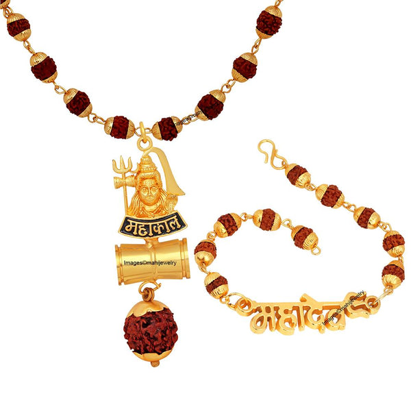 Mahi Combo of Mahadev Bracelet and Mahakal Shiva Damru Pendant with 24 Inch Rudraksha Mala for Men (CO1105145G)