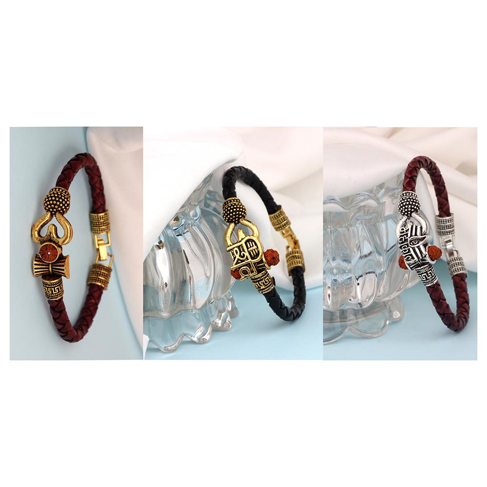 Mahi Combo of Om Shiv Trishul Damru and Mahakal Leather Bracelet with Rudraksha for Men (CO1105149M)
