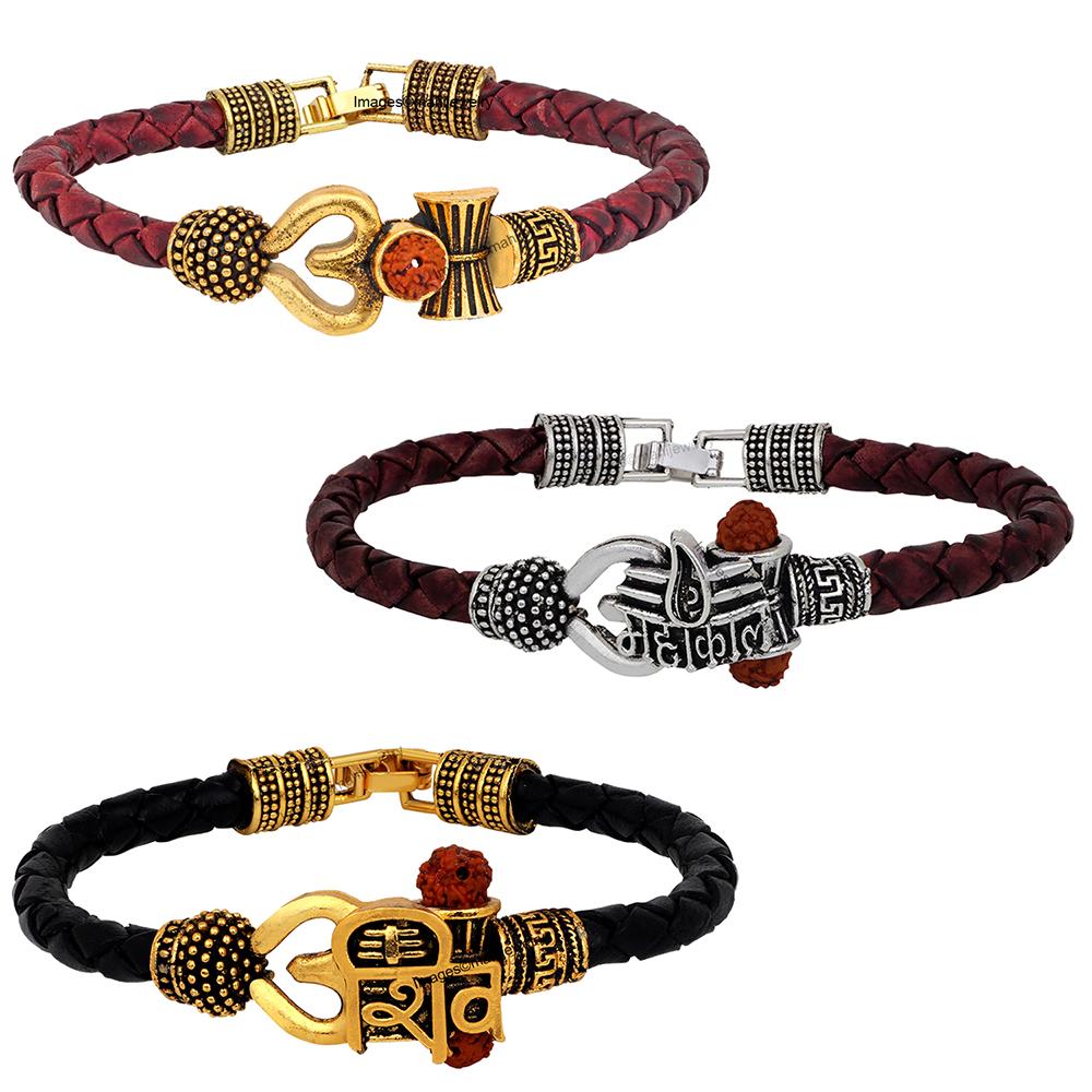 Mahi Combo of Om Shiv Trishul Damru and Mahakal Leather Bracelet with Rudraksha for Men (CO1105149M)