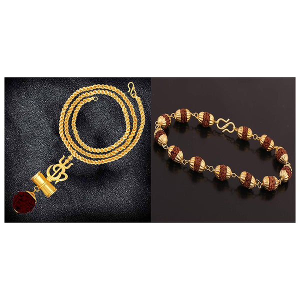 Mahi Combo of Trishul Om Pendant with 20 Inch Rope Chain and Rudraksha Bracelet for Men (CO1105151G)