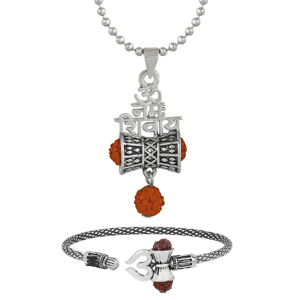 Mahi Combo of Om Nammo Shivay Pendant and Trishul Bracelet with Rudraksha for Men (CO1105177R)