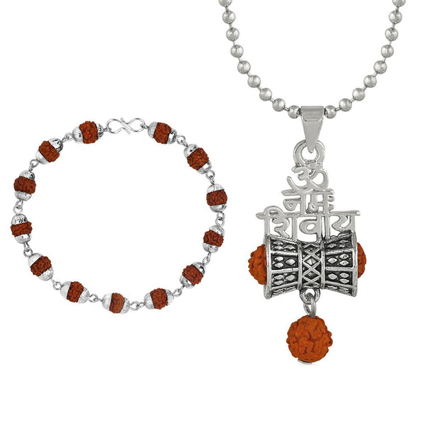 Mahi Combo of Om Nammo Shivay Pendant and Silver Color Cap Bracelet with Rudraksha for Men (CO1105188R)