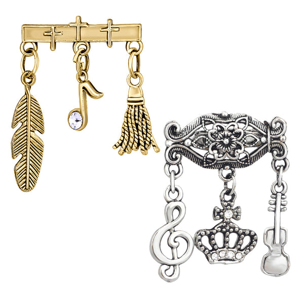 Mahi Combo of Musical Notes, Guitar, Leaf Charms Wedding Brooch / Lapel Pin with White Crystals for Men (CO1105452M)