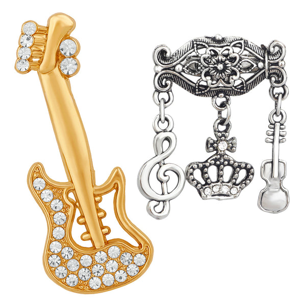 Mahi Combo of Musical Notes Charms and Guitar Wedding Brooch / Lapel Pin with White Crystals for Men (CO1105466M)