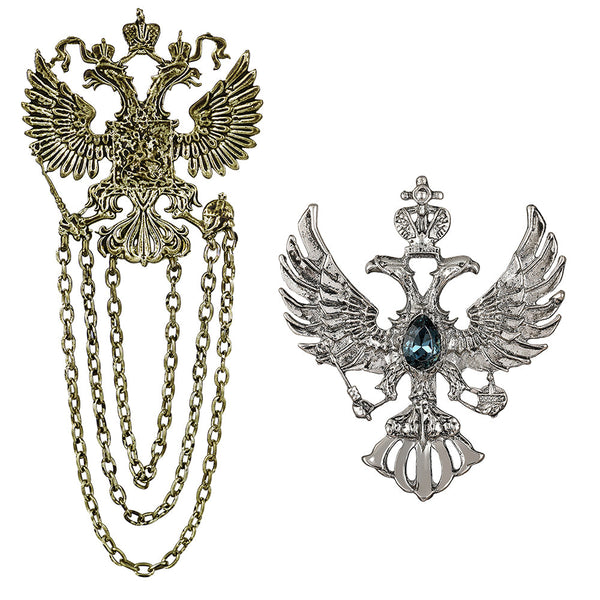 Mahi Combo of Dual Head Flying Eagle Shaped Layered Chain Wedding Brooch / Lapel Pin with Blue Crystals for Men (CO1105473M)
