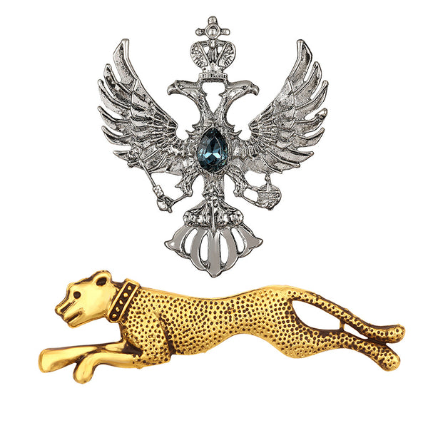 Mahi Combo of Jaguar and Dual Head Eagle Shaped Wedding Brooch / Lapel Pin with Blue Crystals for Men (CO1105498M)