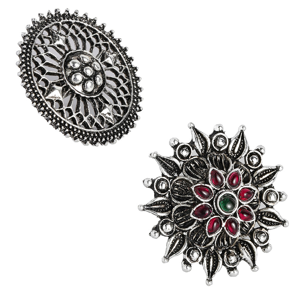 Kord Store Set of 2 Oxidised Multicolor Beads Ring Combo For Girls and Women