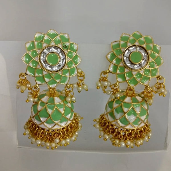 Midas Touch Green Meenakari Kundan Stone Gold Plated Jhumki Earrings