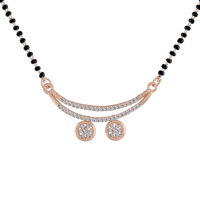 Etnico 18k Rose Gold Plated Traditional Single Line American Diamond Pendant with Black Bead Chain Mangalsutra for Women (D072)