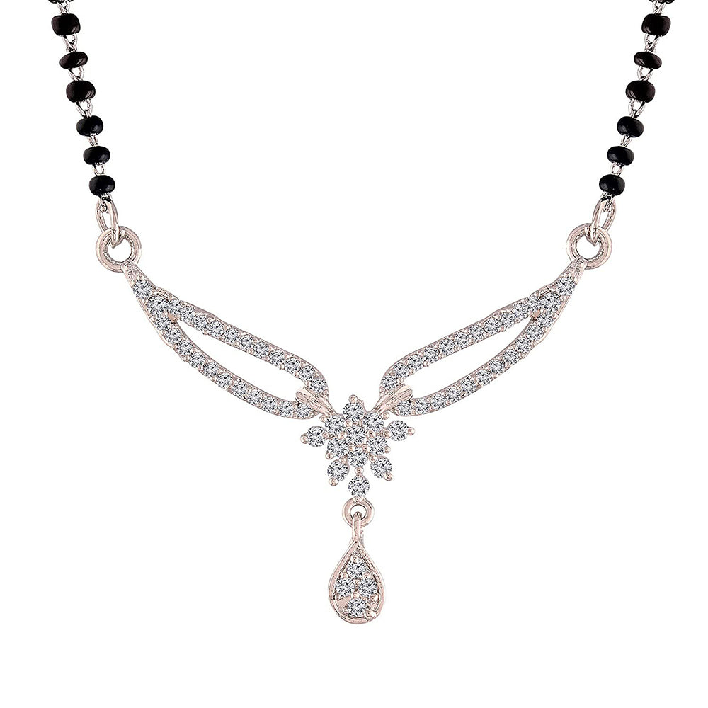 Etnico 18k Rhodium Plated Traditional Single Line American Diamond Pendant with Black Bead Chain Mangalsutra for Women (D079)