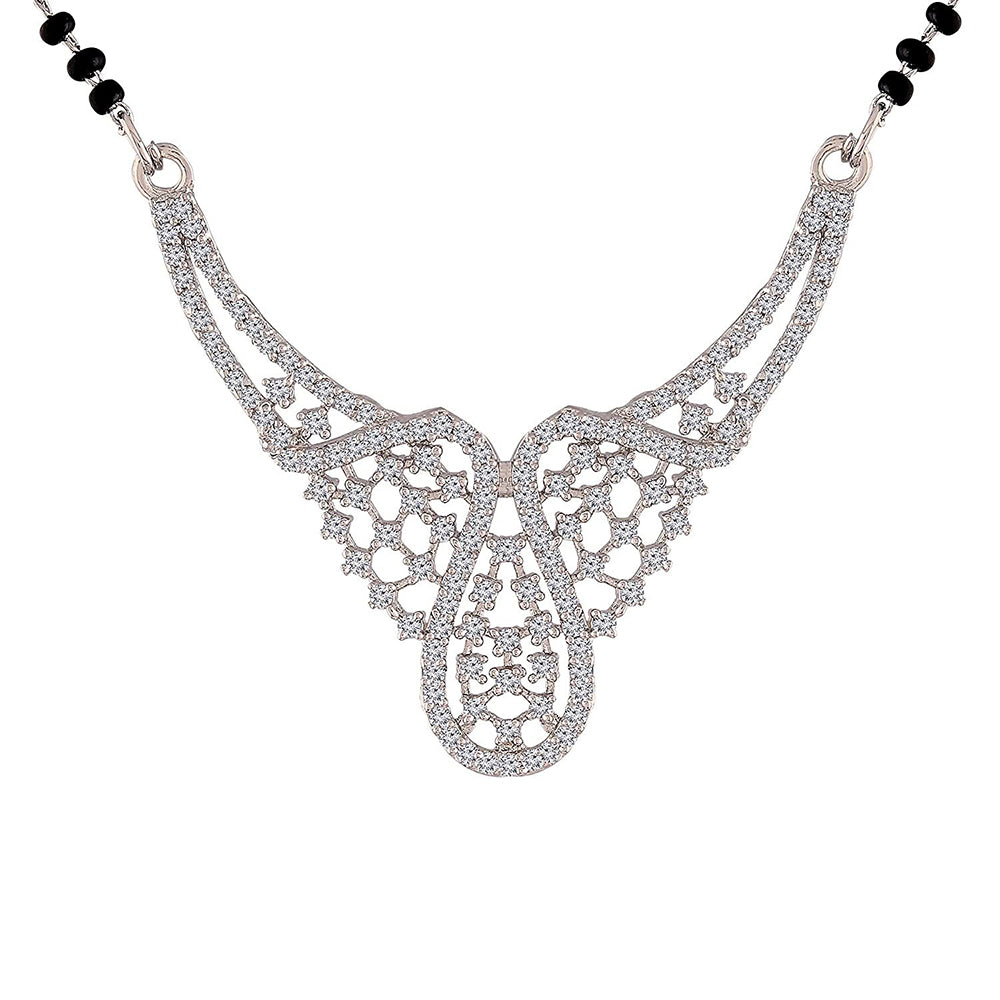 Etnico 18k Rhodium Plated Traditional Single Line American Diamond Pendant with Black Bead Chain Mangalsutra for Women (D080)