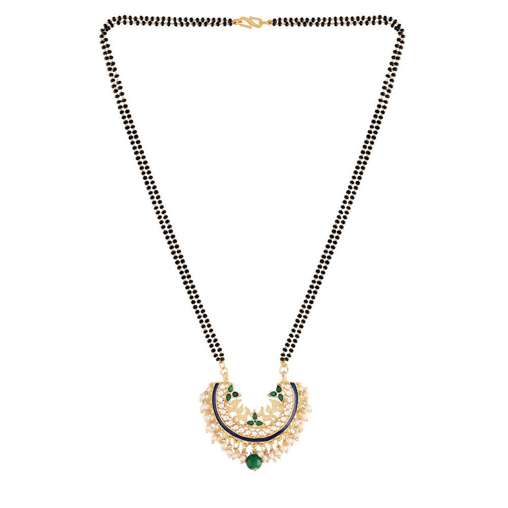 Etnico 18k Gold Plated Traditional Meena Work Pearl Studded Pendant with Black Bead Chain Mangalsutra for Women (D082)