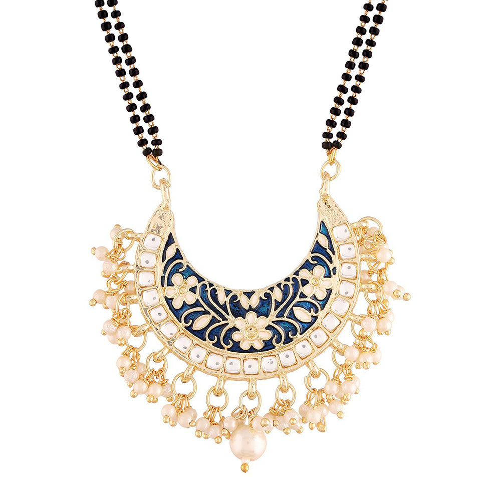 Etnico 18k Gold Plated Traditional Meena Work Pearl Studded Pendant with Black Bead Chain Mangalsutra for Women (D083)