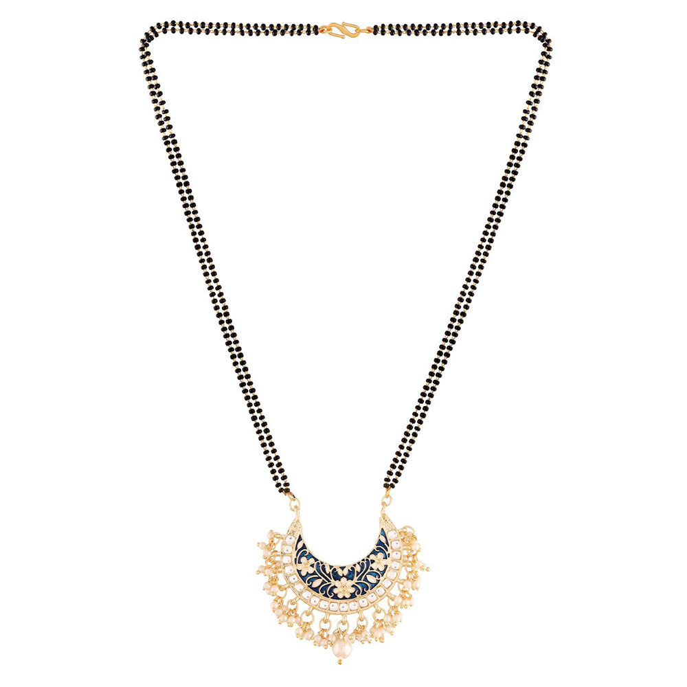 Etnico 18k Gold Plated Traditional Meena Work Pearl Studded Pendant with Black Bead Chain Mangalsutra for Women (D083)