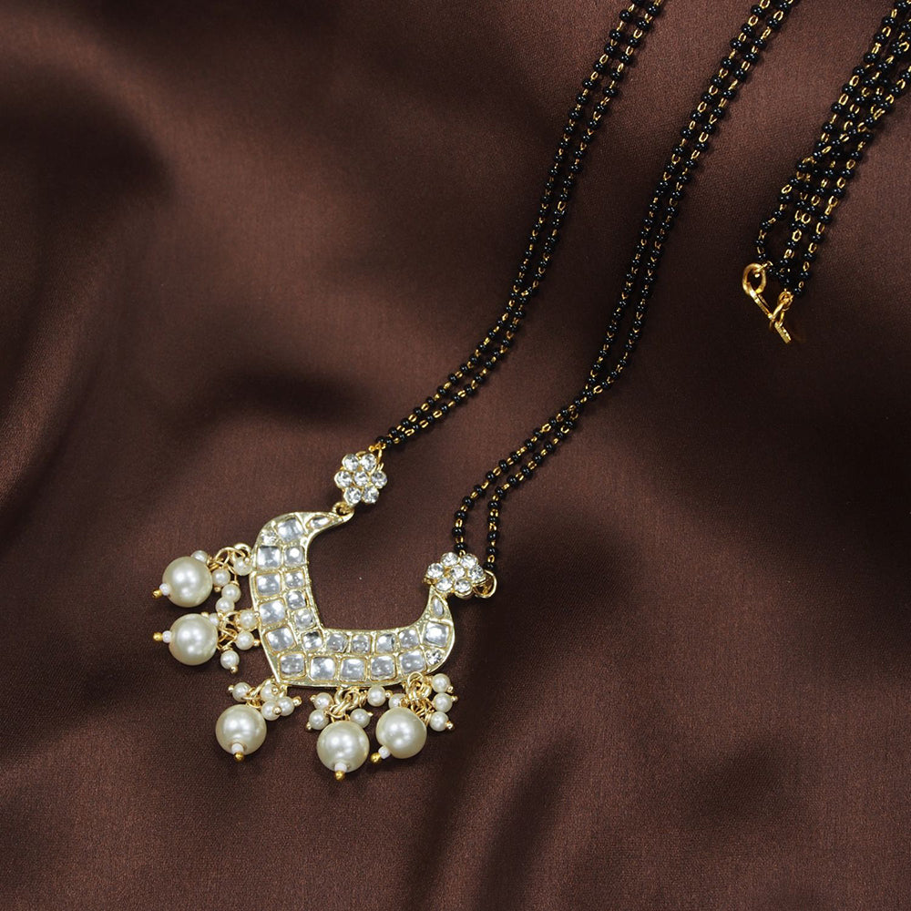 Etnico 18k Gold Plated Traditional Pearl Beads Studded Pendant with Black Bead Chain Mangalsutra for Women (D084W)