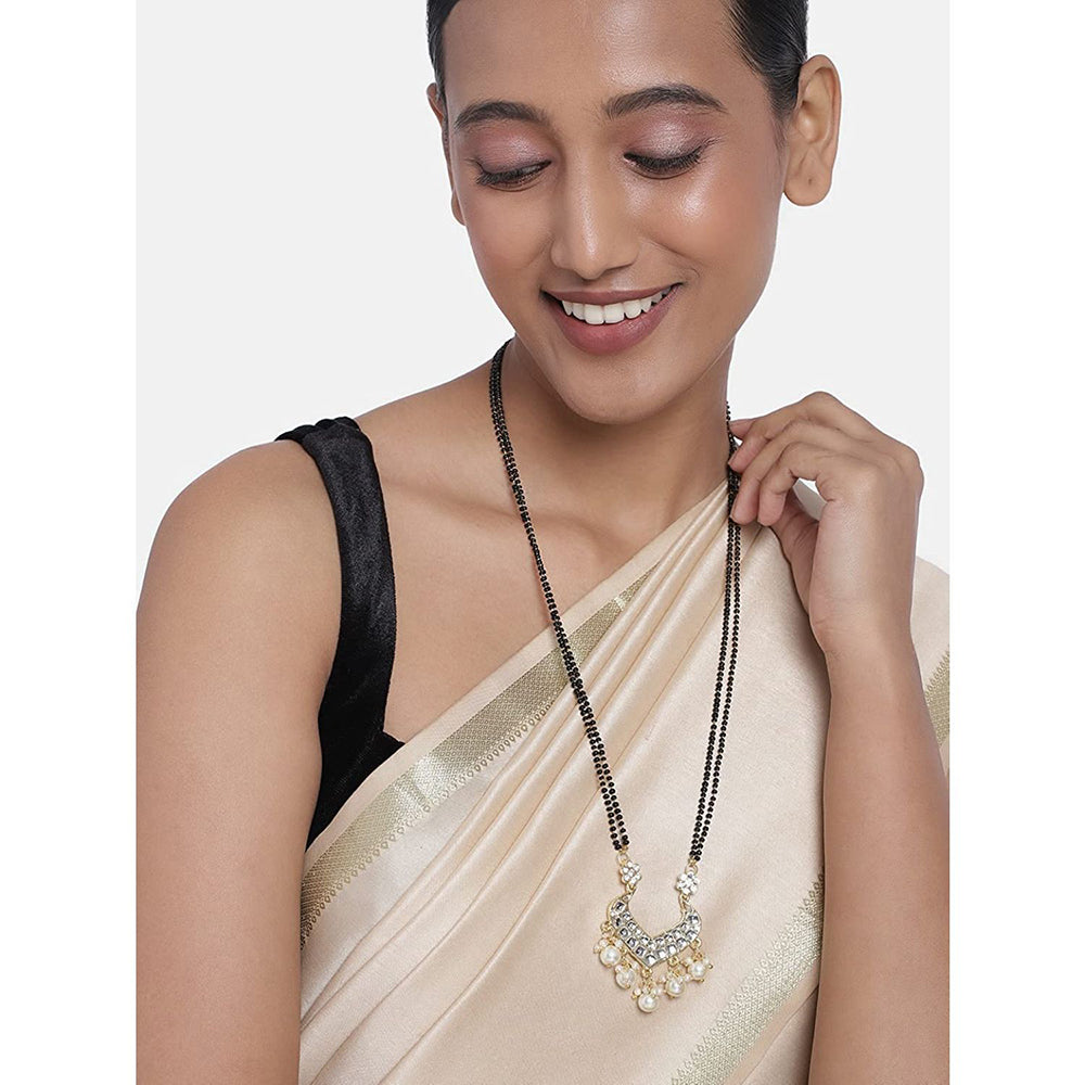Etnico 18k Gold Plated Traditional Pearl Beads Studded Pendant with Black Bead Chain Mangalsutra for Women (D084W)