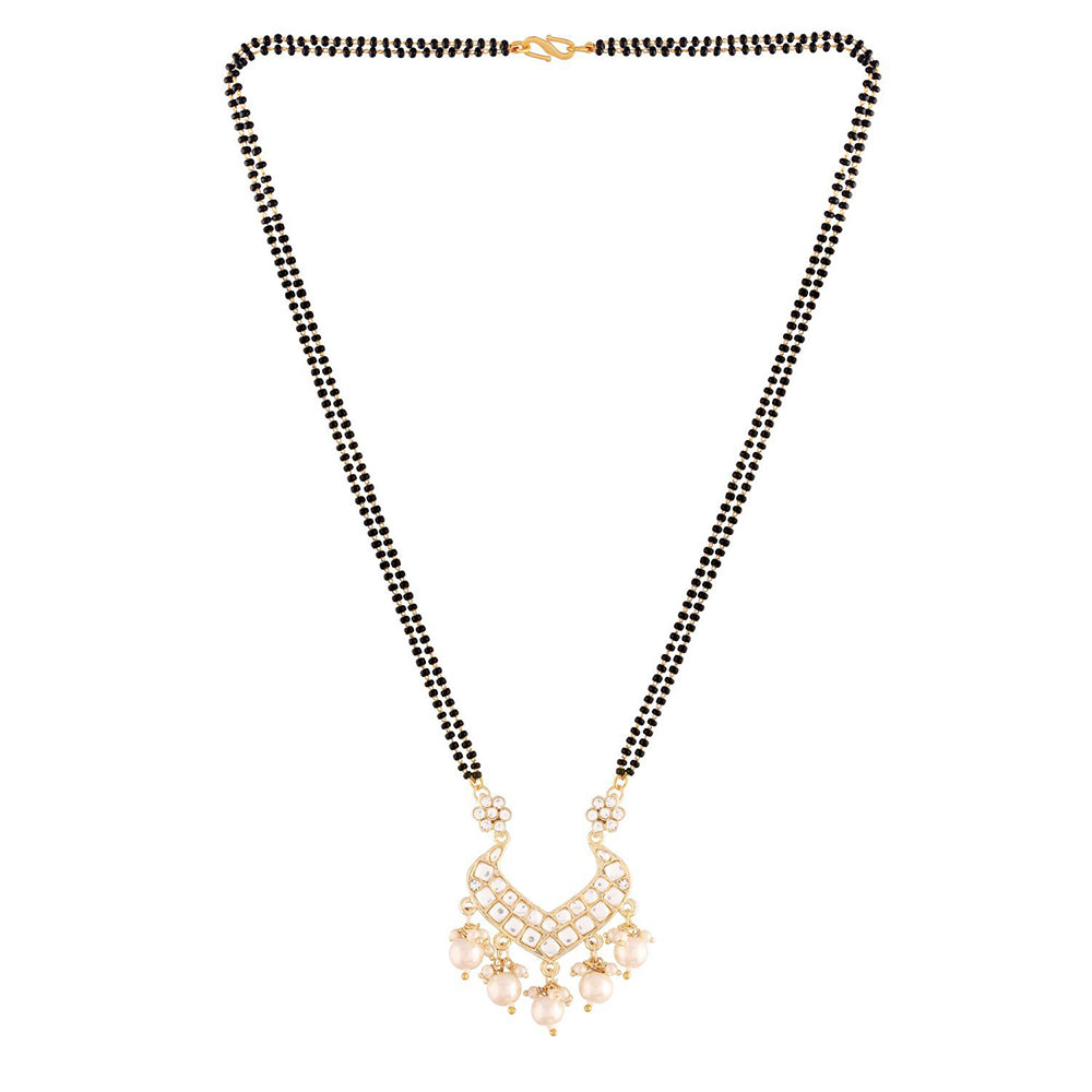 Etnico 18k Gold Plated Traditional Pearl Beads Studded Pendant with Black Bead Chain Mangalsutra for Women (D084W)