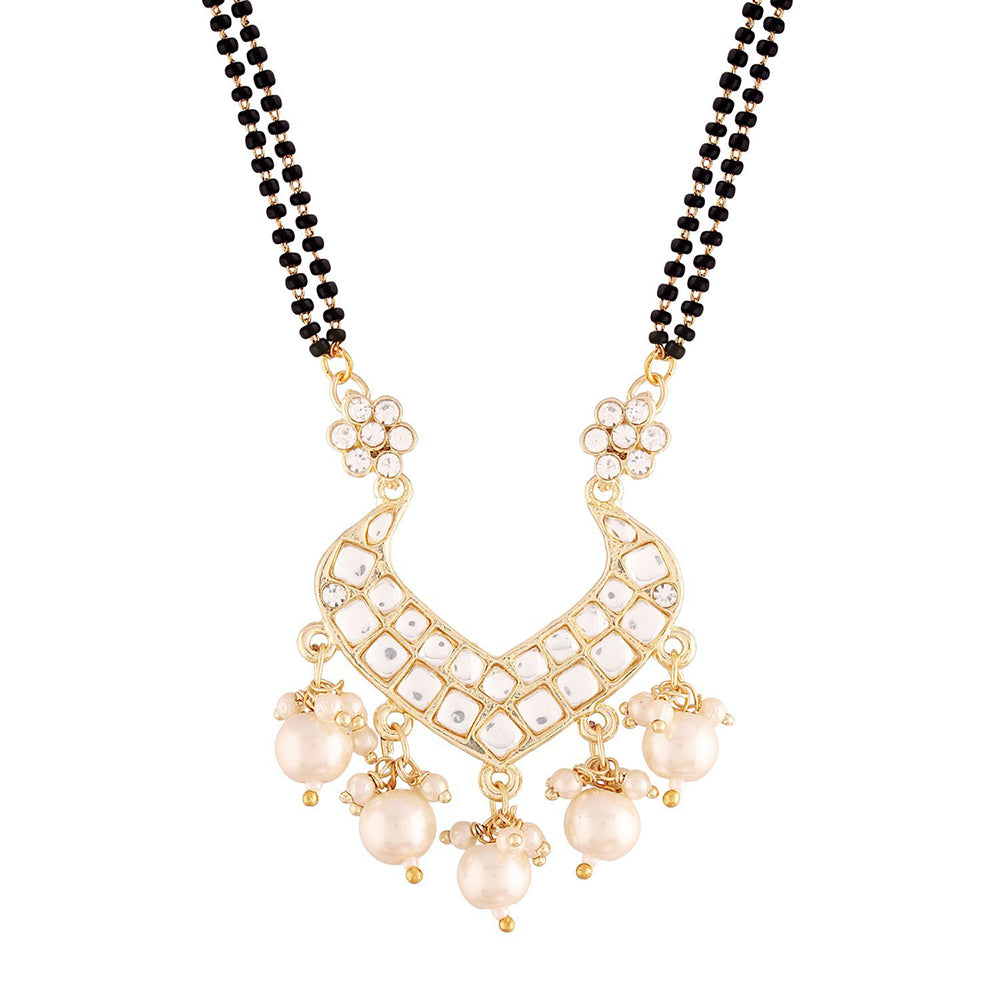Etnico 18k Gold Plated Traditional Pearl Beads Studded Pendant with Black Bead Chain Mangalsutra for Women (D084W)