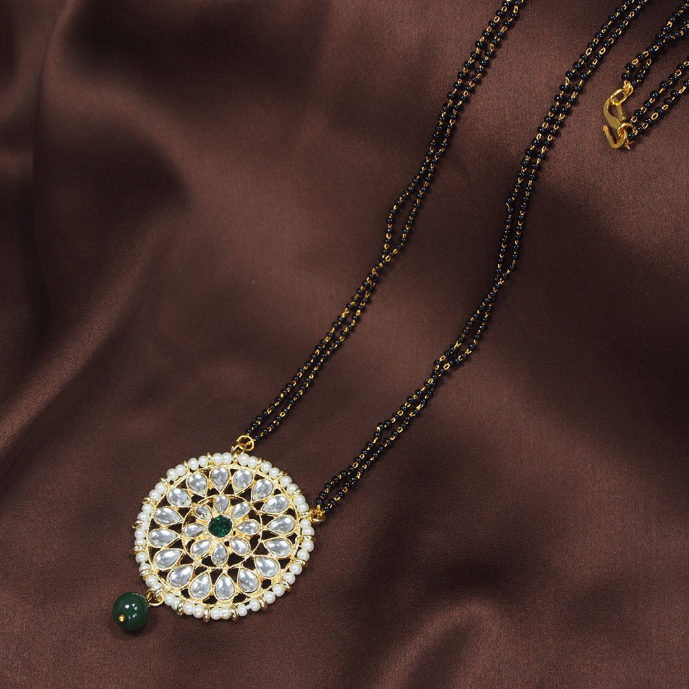 Copy of Etnico 18k Gold Plated Traditional Pearl Kundan Studded Pendant with Black Bead Chain Mangalsutra for Women (D085G)