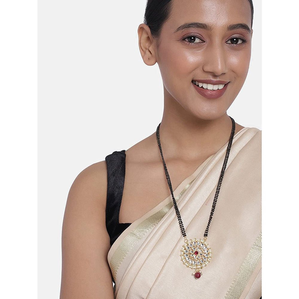 Etnico 18k Gold Plated Traditional Pearl Kundan Studded Pendant with Black Bead Chain Mangalsutra for Women (D085G)