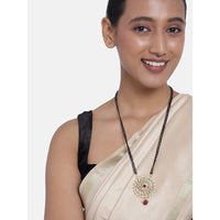 Etnico 18k Gold Plated Traditional Pearl Kundan Studded Pendant with Black Bead Chain Mangalsutra for Women (D085G)