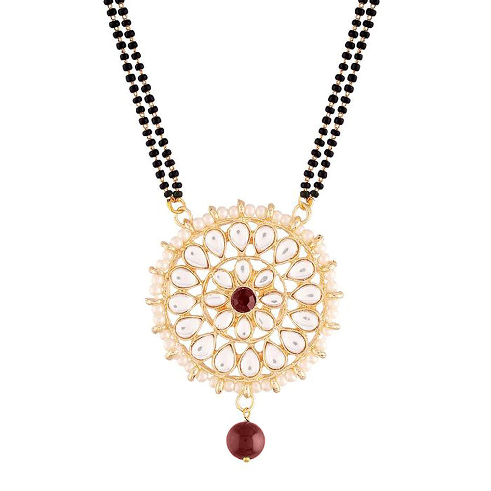 Etnico 18k Gold Plated Traditional Pearl Kundan Studded Pendant with Black Bead Chain Mangalsutra for Women (D085G)