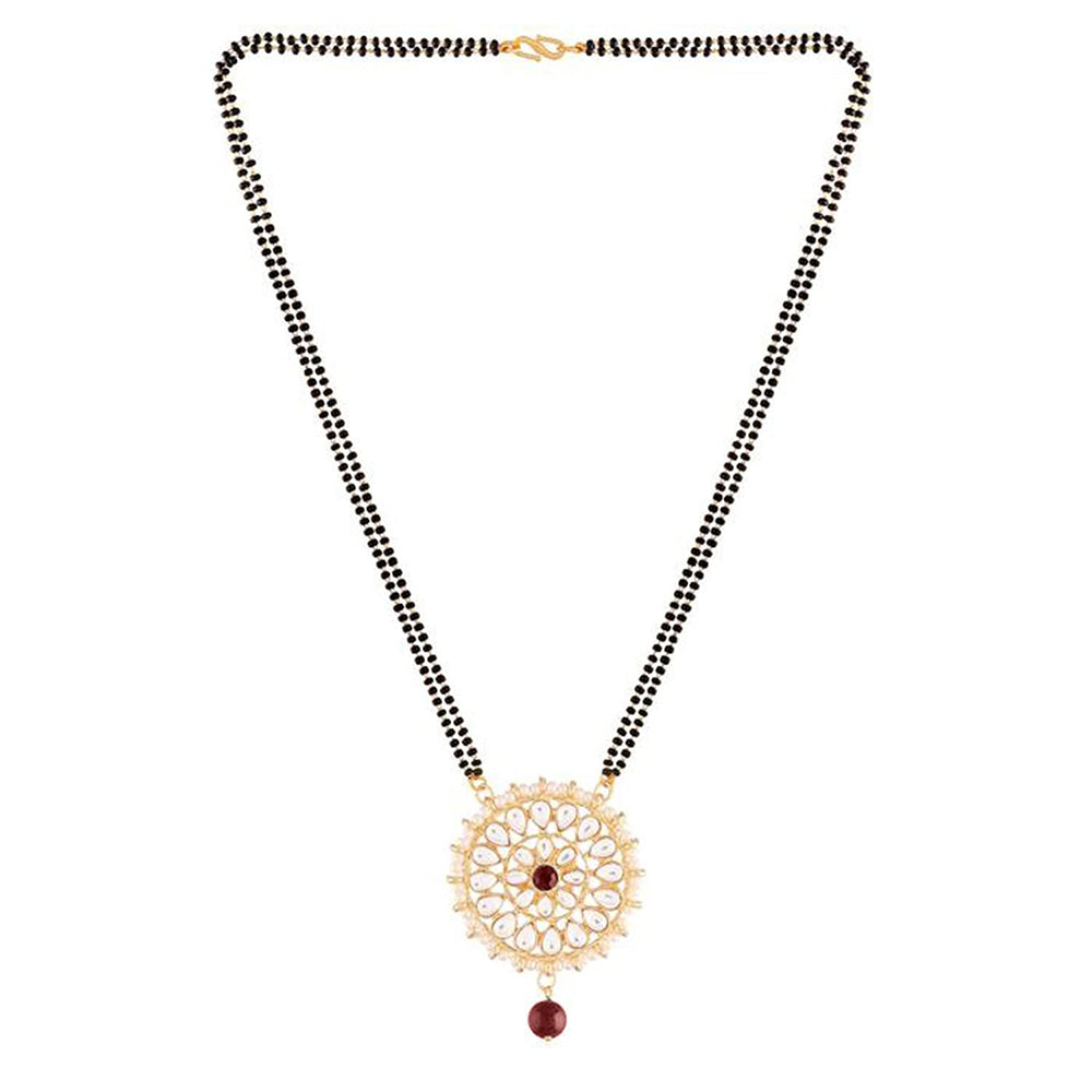 Etnico 18k Gold Plated Traditional Pearl Kundan Studded Pendant with Black Bead Chain Mangalsutra for Women (D085G)
