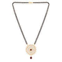 Etnico 18k Gold Plated Traditional Pearl Kundan Studded Pendant with Black Bead Chain Mangalsutra for Women (D085G)