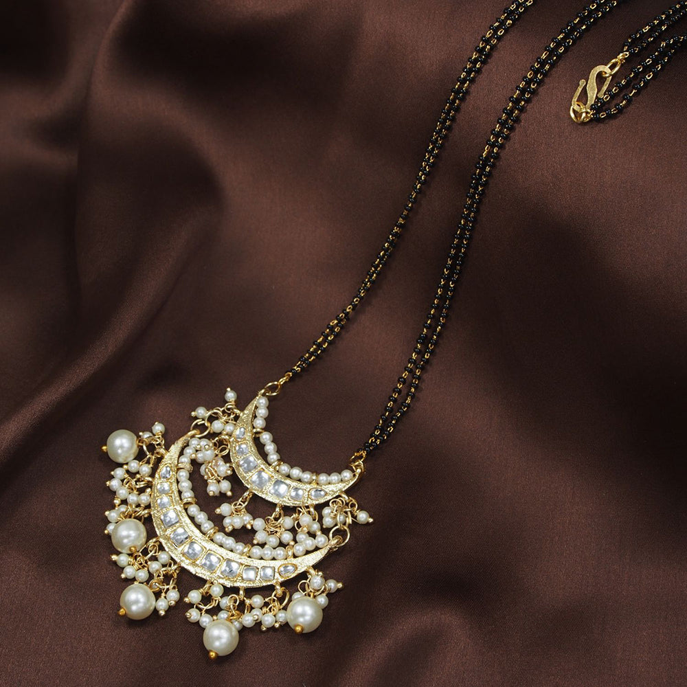 Etnico 18k Gold Plated Traditional Pearl Kundan Studded Pendant with Black Bead Chain Mangalsutra for Women (D086W)