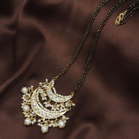 Etnico 18k Gold Plated Traditional Pearl Kundan Studded Pendant with Black Bead Chain Mangalsutra for Women (D086W)