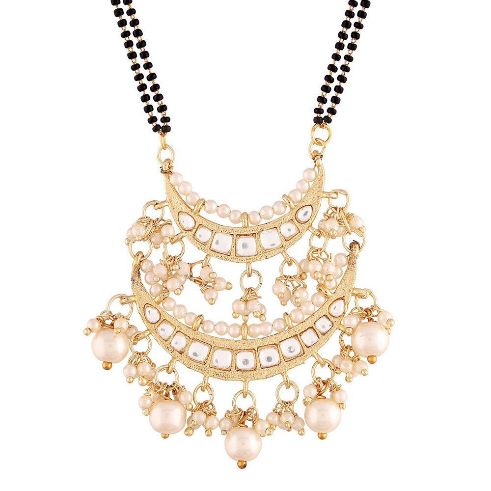 Etnico 18k Gold Plated Traditional Pearl Kundan Studded Pendant with Black Bead Chain Mangalsutra for Women (D086W)