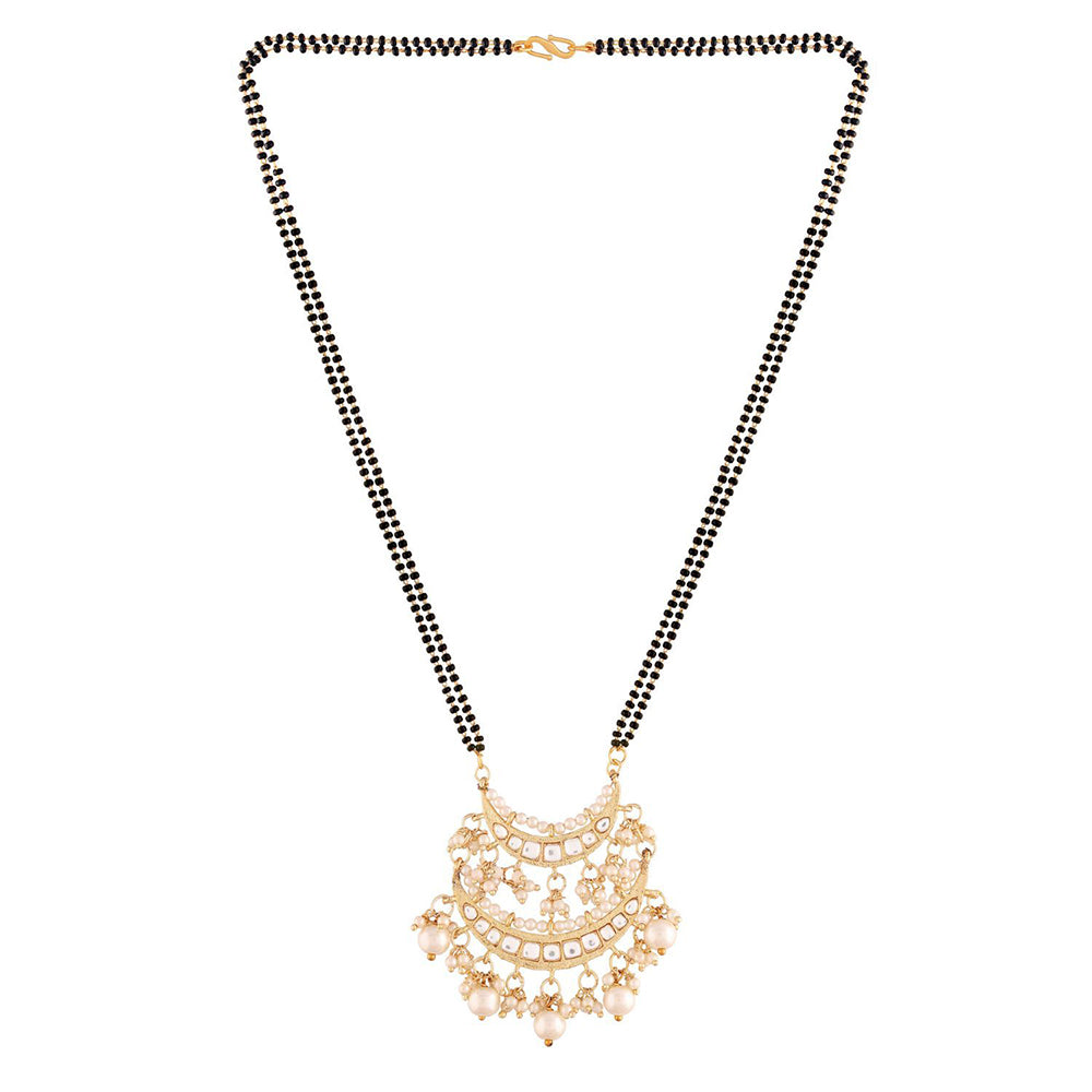 Etnico 18k Gold Plated Traditional Pearl Kundan Studded Pendant with Black Bead Chain Mangalsutra for Women (D086W)