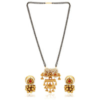Etnico 18k Gold Plated Traditional Pearl Beads Studded Pendant with Black Bead Chain Mangalsutra With Earrings for Women (D093M)