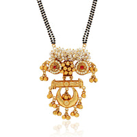 Etnico 18k Gold Plated Traditional Pearl Beads Studded Pendant with Black Bead Chain Mangalsutra With Earrings for Women (D093M)