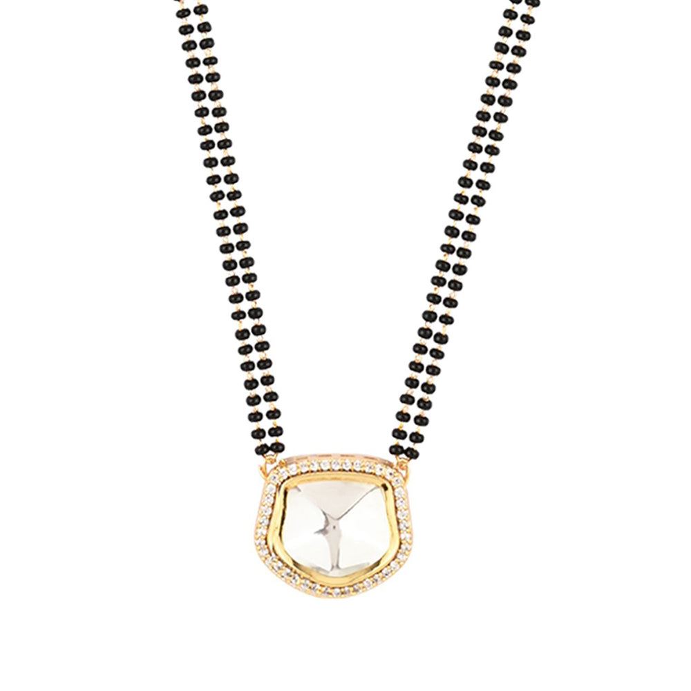 Etnico 18k Gold Plated Traditional American Diamond Pendant with Black Bead Chain Mangalsutra for Women (D096)