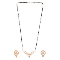 Etnico 18k Rose Gold Plated Traditional Single Line American Diamond Pendant with Black Bead Chain Mangalsutra for Women (D098)