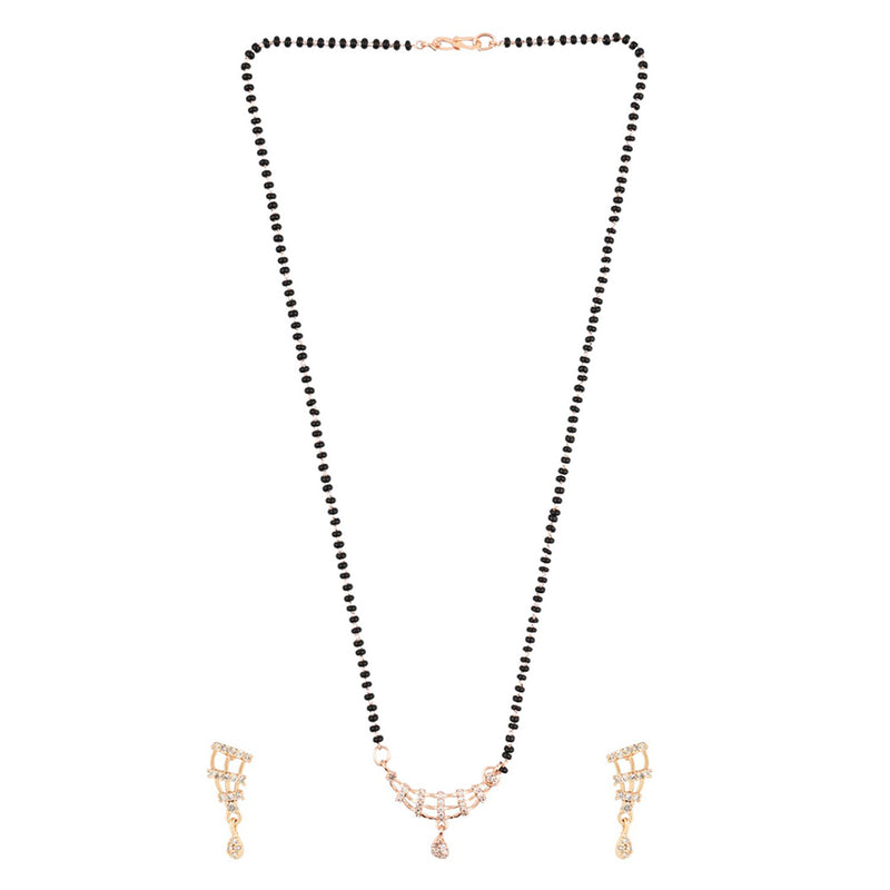 Etnico 18k Rose Gold Plated Traditional Single Line American Diamond Pendant with Black Bead Chain Mangalsutra for Women (D102)