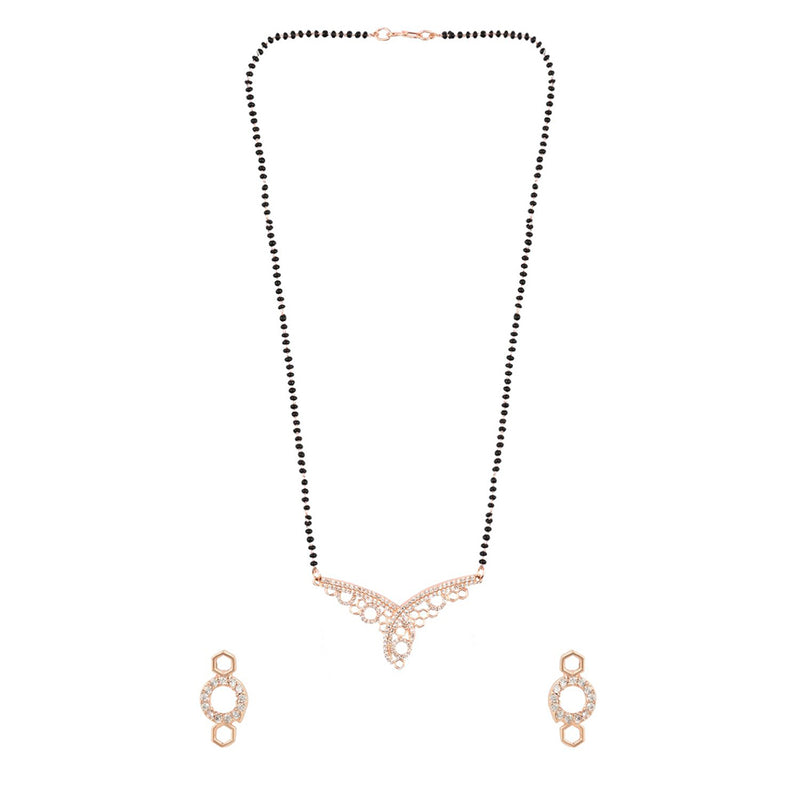 Etnico 18k Rose Gold Plated Traditional Single Line American Diamond Pendant with Black Bead Chain Mangalsutra for Women (D103)