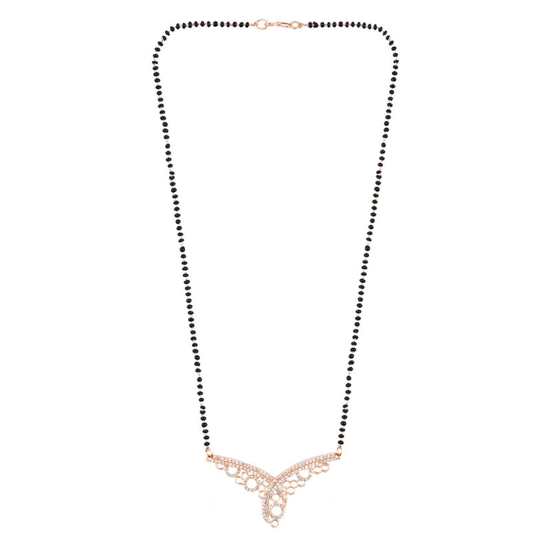 Etnico 18k Rose Gold Plated Traditional Single Line American Diamond Pendant with Black Bead Chain Mangalsutra for Women (D103)