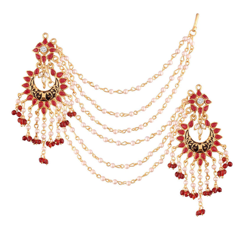 Etnico Traditional Gold Plated Enamel/Meena Work Earrings Glided With Faux Stones & Pearls With Hair Chain For Women/Girls (E2444M)