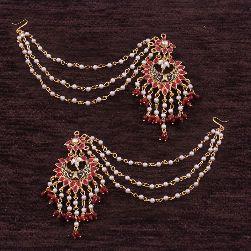 Etnico Traditional Gold Plated Enamel/Meena Work Earrings Glided With Faux Stones & Pearls With Hair Chain For Women/Girls (E2444M)