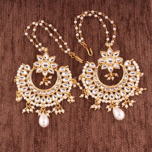 Etnico Traditional Gold Plated Chandbali Earrings With Hair Chain Encased With Faux Kundans For Women/Girls (E2453W)