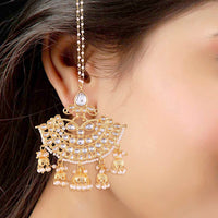 Etnico Traditional Gold Plated Chandbali Earrings With Hair Chain Encased With Faux Kundans For Women/Girls (E2455W)