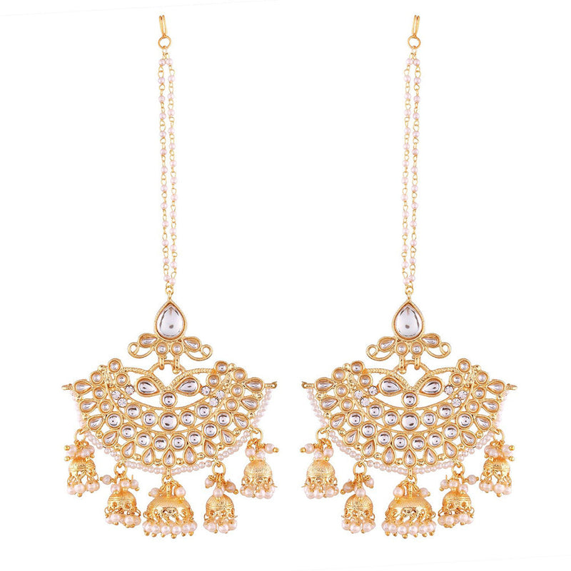 Etnico Traditional Gold Plated Chandbali Earrings With Hair Chain Encased With Faux Kundans For Women/Girls (E2455W)