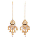 Etnico 18K Gold Plated Intricately Designed Traditional Earrings with Hair Chain Encased With Kundans & Pearls (E2463B)