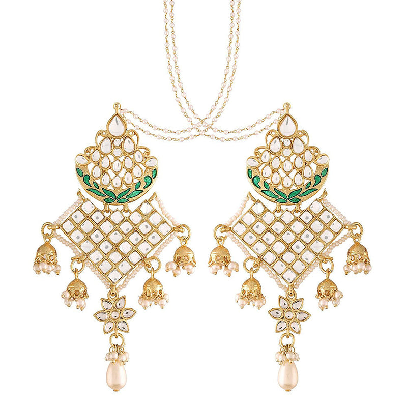 Etnico 18K Gold Plated Intricately Designed Traditional Earrings with Hair Chain Encased With Kundans & Pearls (E2463G)