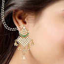 Etnico 18K Gold Plated Intricately Designed Traditional Earrings with Hair Chain Encased With Kundans & Pearls (E2463G)